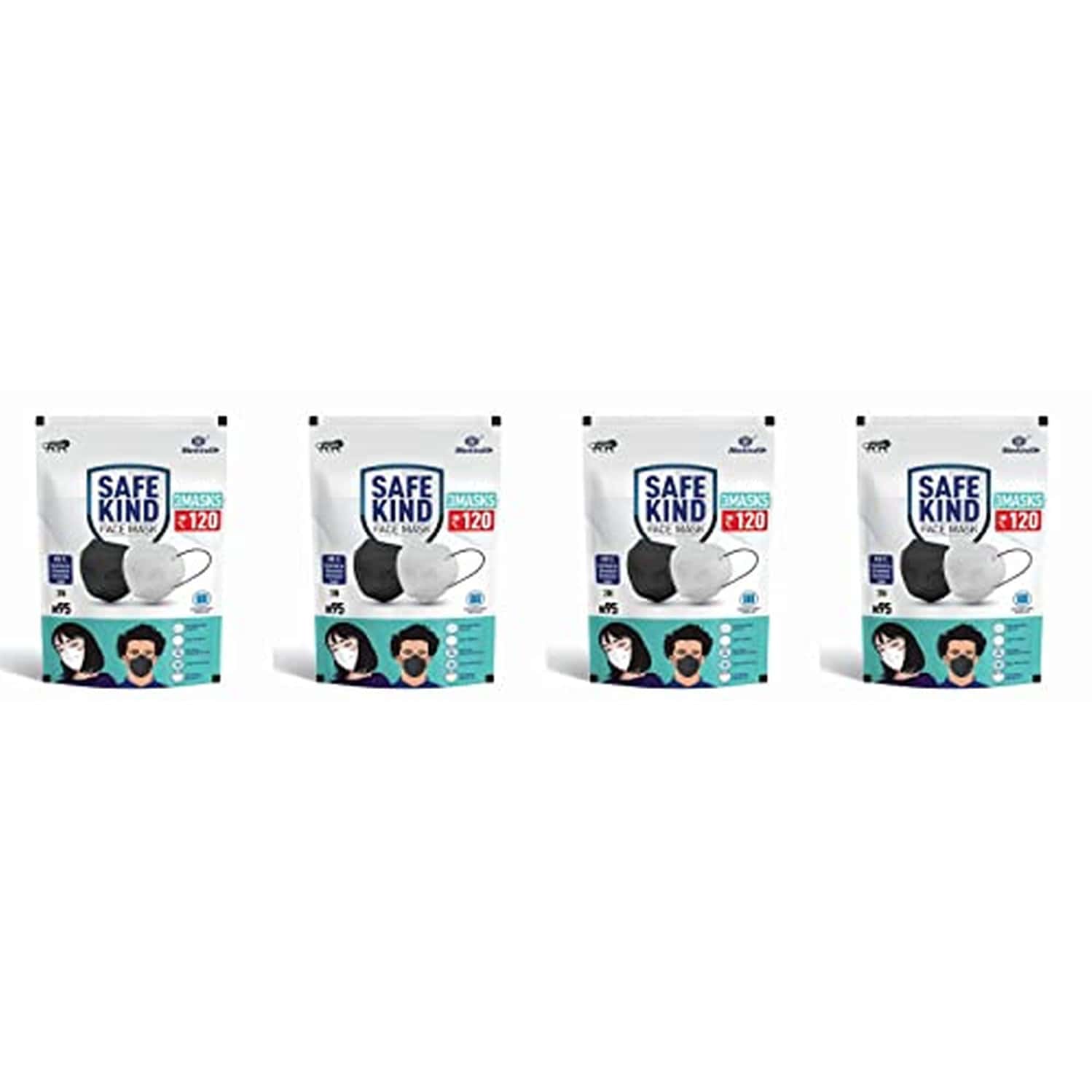 Safekind N95 Face Masks With 5 Layer Protection (2 Black + 1 White) Pack Of 4