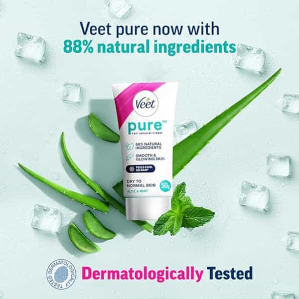 Veet Pure Hair Removal Cream For Body & Legs Dry To Normal Skin Organic Aloevera & Mint Extracts 50G