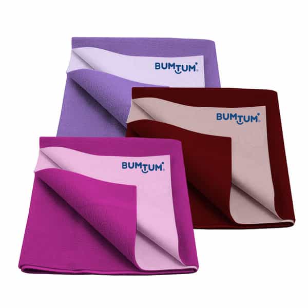 Bumtum Dry Sheet Leakproof Baby Bed Protector (Lilac+Maroon+Grape Medium Size 100*70Cm|Pack Of 3)