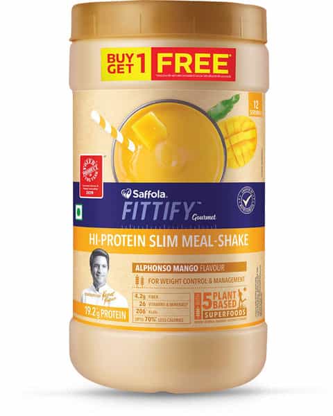 Saffola Fittify Hi-Protein Slim Meal Shake Alphonso Mango Buy 1 Get 1 Each Pack 420 Gm