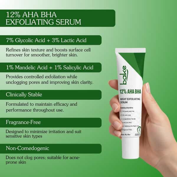 Bake 12% Aha Bha Night Exfoliating Serum For Pore Cleansing & Skin Renewal-30Ml