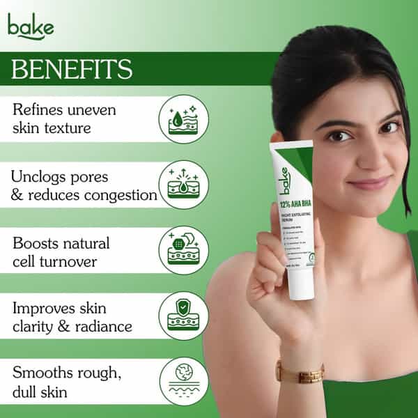 Bake 12% Aha Bha Night Exfoliating Serum For Pore Cleansing & Skin Renewal-30Ml
