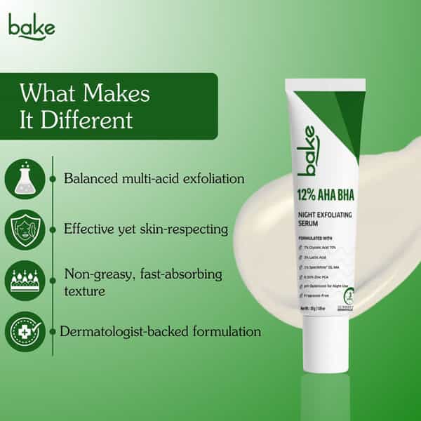 Bake 12% Aha Bha Night Exfoliating Serum For Pore Cleansing & Skin Renewal-30Ml