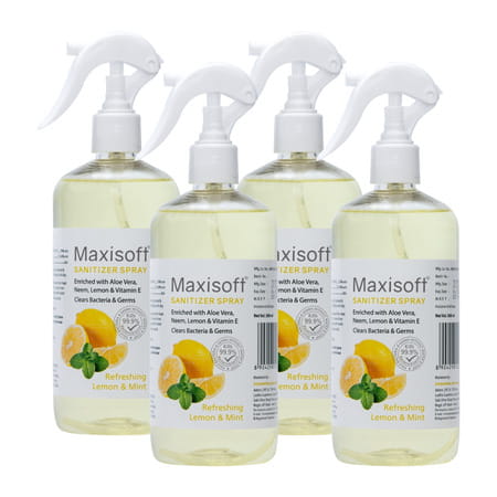 Maxisoft Refreshing Lemon & Mint Sanitizer Spray | Aloe Vera Neem & Vitamin E (500 Ml Pack Of 4)