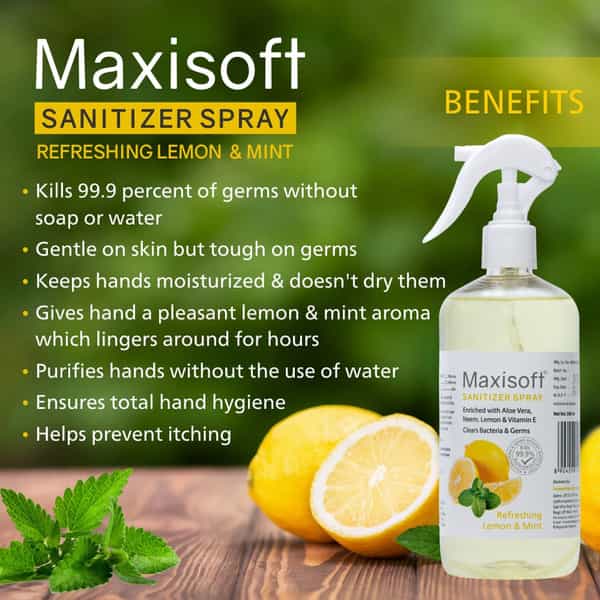 Maxisoft Refreshing Lemon & Mint Sanitizer Spray | Aloe Vera Neem & Vitamin E (500 Ml Pack Of 4)