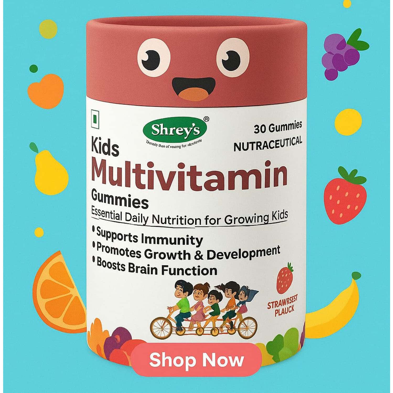 Shrey's Multivitamin Gummies For Kids | 7-12 Years | Improve Immunity|strawberry Flavour (30 No)