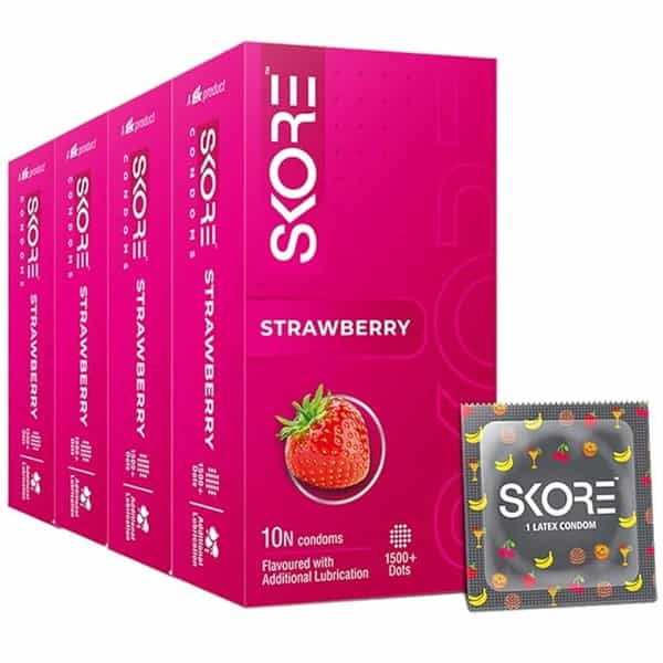 Skore Dotted Flavour Condoms (Strawberry) 10N (Pack Of 4) And Hard Rock Gel Sachet Free
