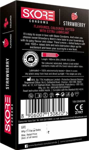 Skore Dotted Flavour Condoms (Strawberry) 10N (Pack Of 4) And Hard Rock Gel Sachet Free