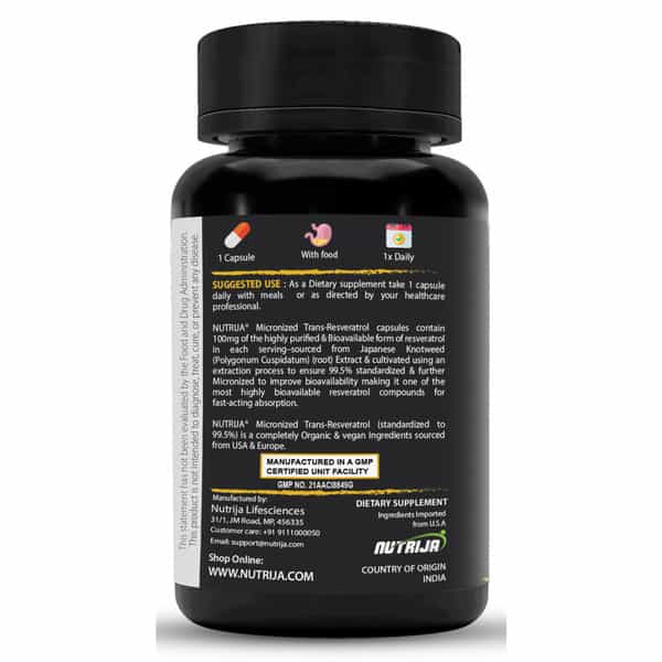 Nutrija Trans Resveratrol 100Mg Capsules - 99.5% Pure Micronized And Highly Bioavailable (60N)