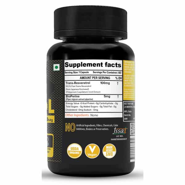Nutrija Trans Resveratrol 100Mg Capsules - 99.5% Pure Micronized And Highly Bioavailable (60N)