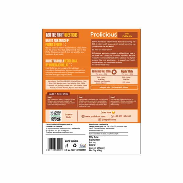 Prolicious High Protein Oats Chilla Mix | Plant Based | No Palm Oil | No Trans-Fat | 400G