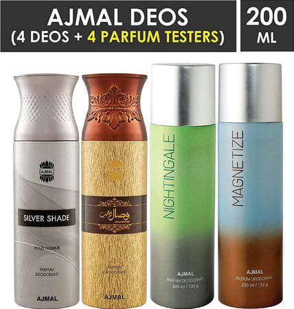 Ajmal 1 Silver Shade For Men 1 Wisal Dhahab For Men 1 Nightingale 1 Magnetize Unisex Pack Of 4 Deos