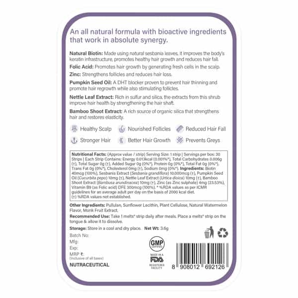 Wellbeing Nutrition Melts Healthy Hair Natural Biotin From Sesbania 10000Mcg 30 Oral Thin Strips