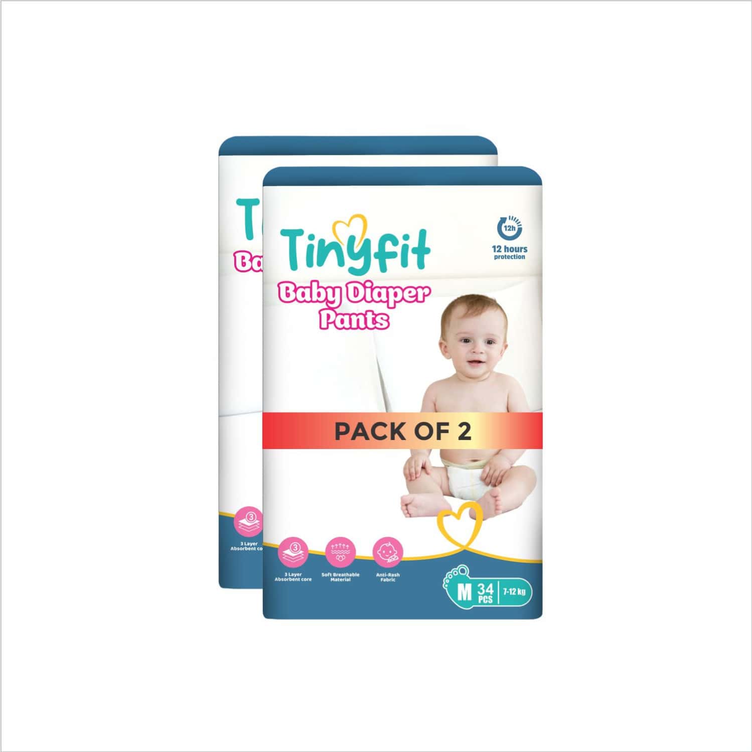 Tinyfit Baby Diaper Pants Medium | Bubble Soft Bed | Multi-Layer Absorption Upto 12 Hrs - M (68 Pcs)