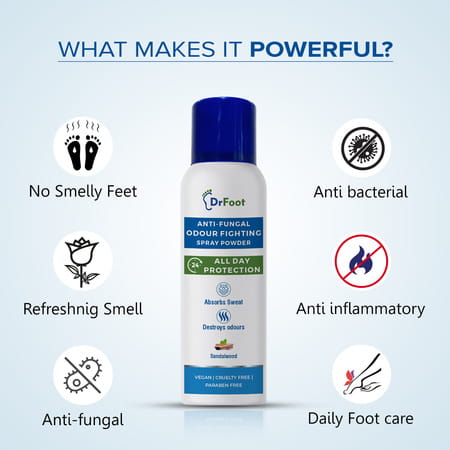 Dr Foot Anti-Fungal Odour Fighting Spray Powder With Neem Powder | Menthol Oil & Sandalwood - 130ml