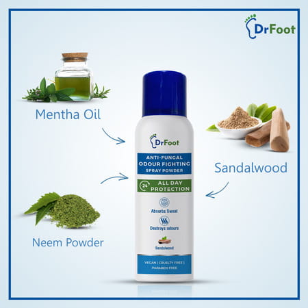 Dr Foot Anti-Fungal Odour Fighting Spray Powder With Neem Powder | Menthol Oil & Sandalwood - 130ml
