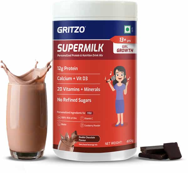 Gritzo Supermilk Growth (13+Y Girls) | 12G Protein Powder (Double Chocolate | 400G)