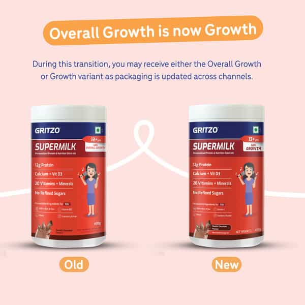 Gritzo Supermilk Growth (13+Y Girls) | 12G Protein Powder (Double Chocolate | 400G)