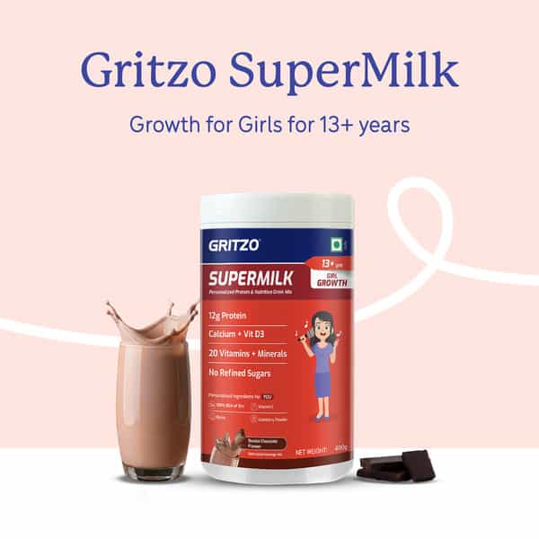 Gritzo Supermilk Growth (13+Y Girls) | 12G Protein Powder (Double Chocolate | 400G)