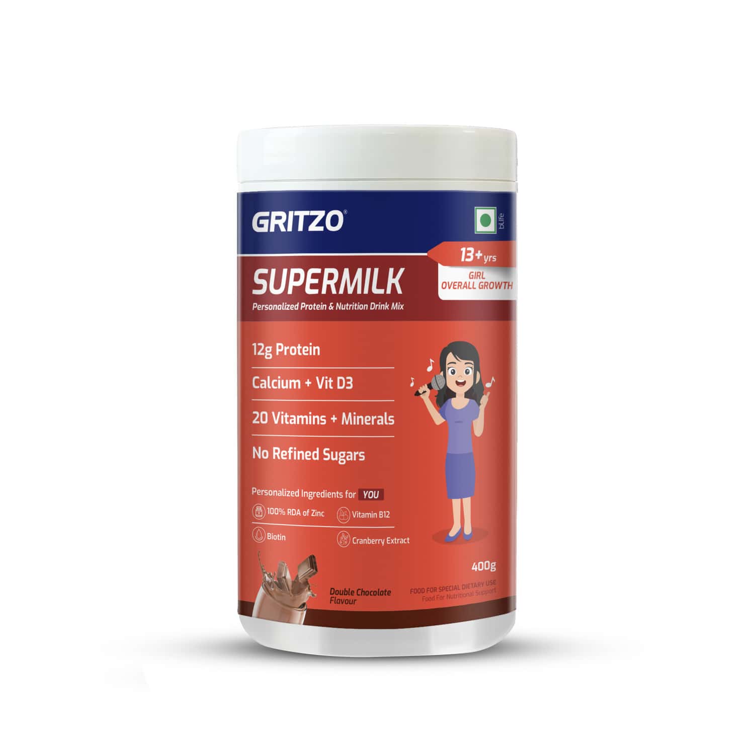 Gritzo Supermilk Overall Growth (13+y Girls) | 12g Protein Powder (double Chocolate | 400g)