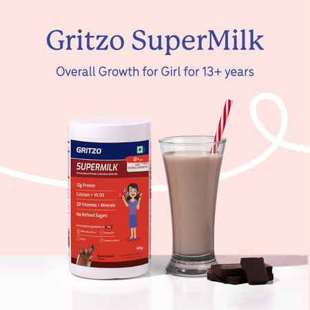 Gritzo Supermilk Overall Growth (13+Y Girls) | 12G Protein Powder (Double Chocolate | 400G)