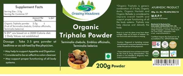 Grazing Meadows Organic Triphala Powder 200Gms (Amla Harde Baheda) For Healthy Digestion