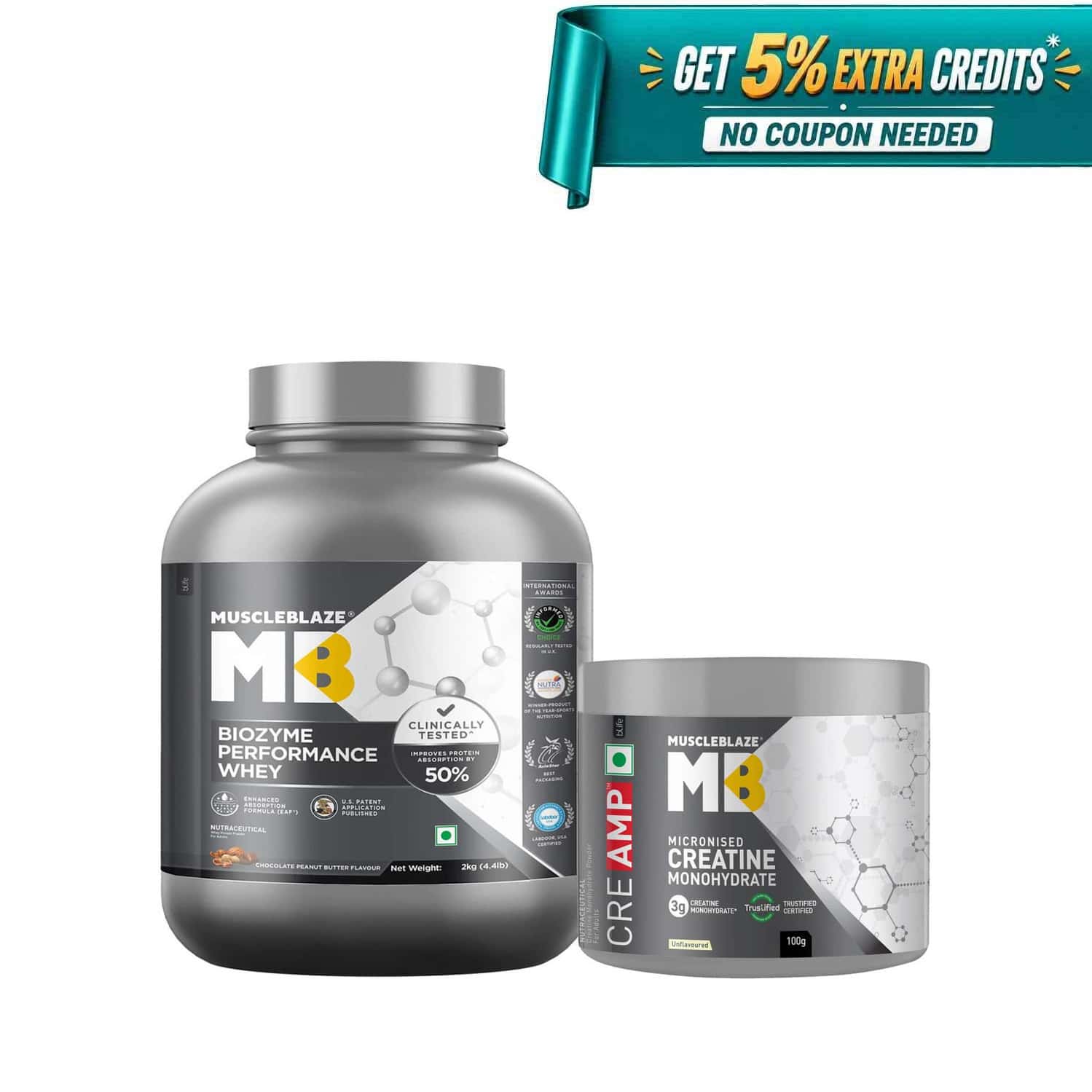 Muscleblaze Biozyme Performance Whey (chocolate Peanut Butter | 2kg) & Creatine Monohydrate Creamp