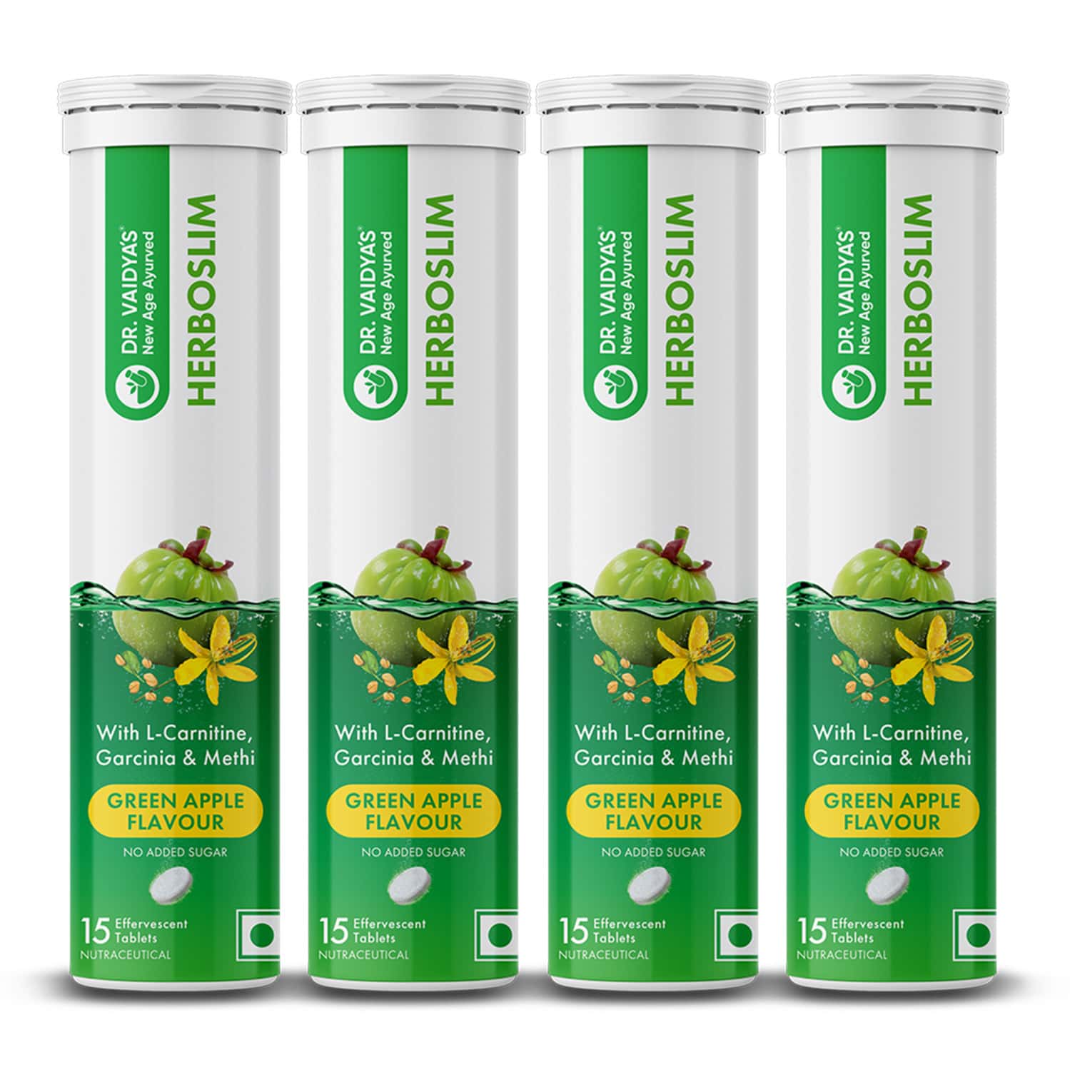 Dr. Vaidya's Herboslim Effervescent With L-carnitine | Garcinia | Green Apple Flavour (4x15 Tablets)