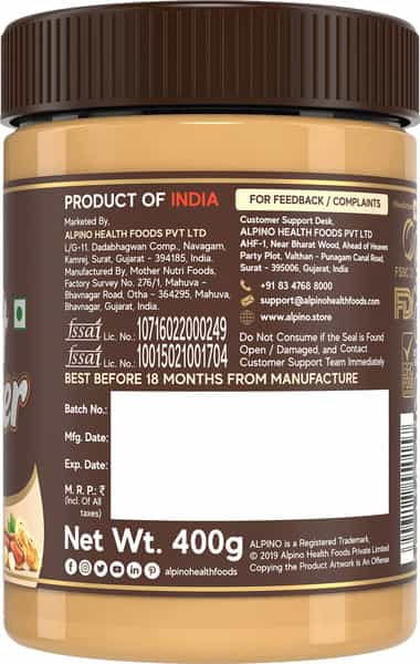 Alpino Coconut Peanut Butter Smooth 400 G | 22 G Protein | High Protein Peanut Butter Creamy