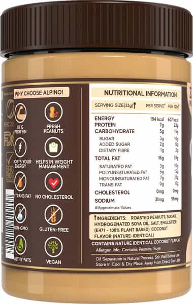 Alpino Coconut Peanut Butter Smooth 400 G | 22 G Protein | High Protein Peanut Butter Creamy
