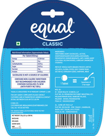 Equal Classic Zero Calorie Sweetener Sugar Free Calorie Control 300 Tablets Pack Of 4