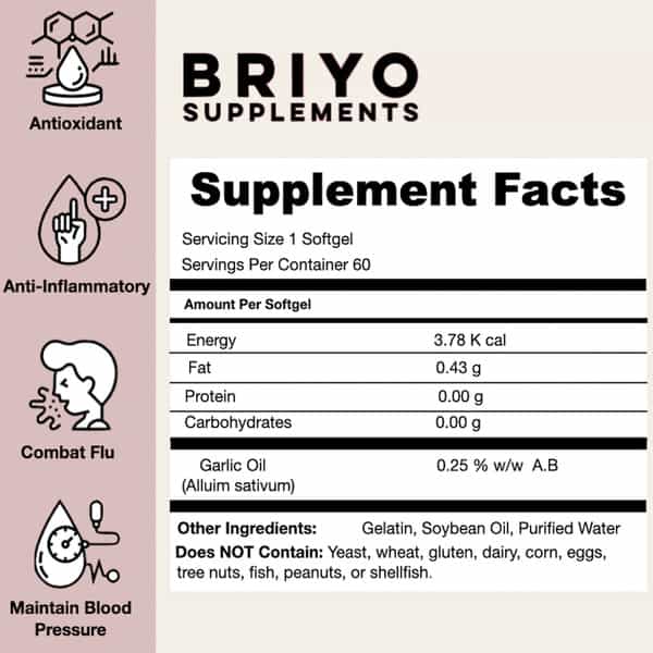 Briyo Garlic Oil Softgels - Dietary Supplement For Good Immunity - 1 X (60 Softgels)