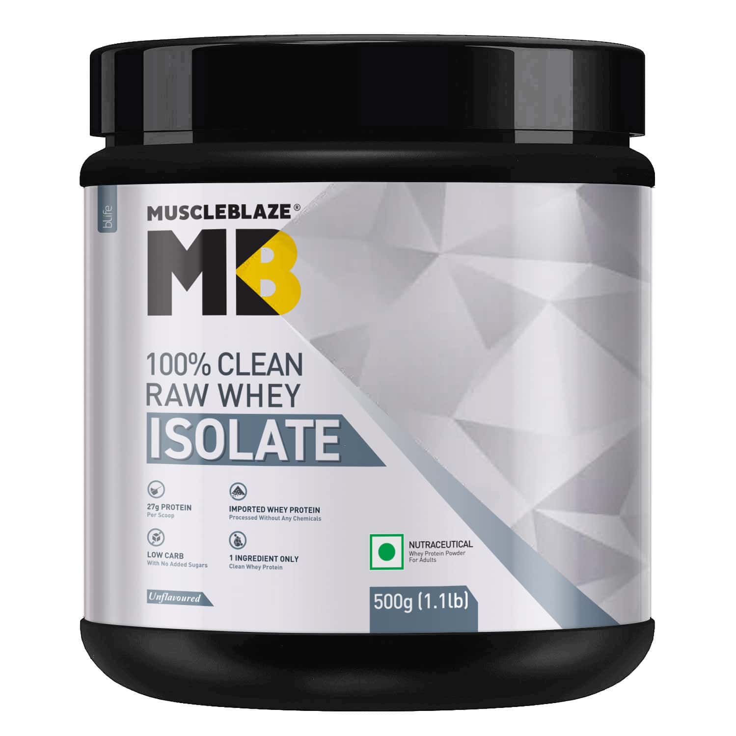 Muscleblaze 100% Clean Raw Whey Protein Isolate | Unflavoured | 27g Protein Per Scoop | 500 Gm