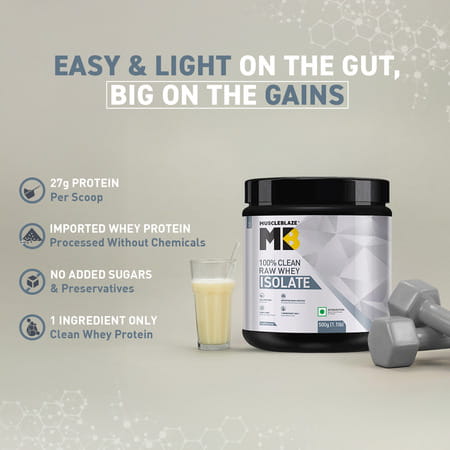 Muscleblaze 100% Clean Raw Whey Protein Isolate | Unflavoured | 27G Protein Per Scoop | 500 Gm