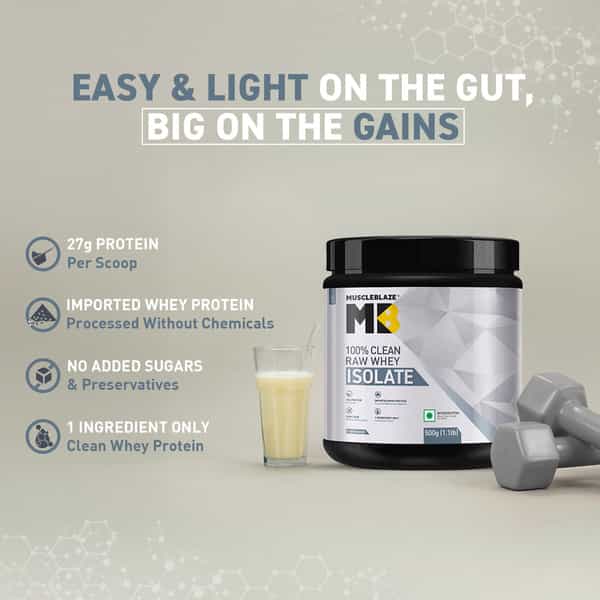 Muscleblaze 100% Clean Raw Whey Protein Isolate (Unflavoured | 500G) | 27G Protein Per Scoop