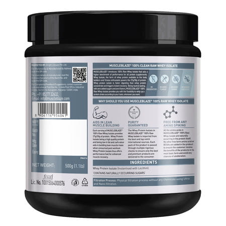 Muscleblaze 100% Clean Raw Whey Protein Isolate | Unflavoured | 27G Protein Per Scoop | 500 Gm