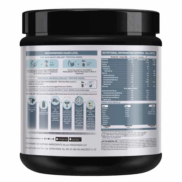 Muscleblaze 100% Clean Raw Whey Protein Isolate (Unflavoured | 500G) | 27G Protein Per Scoop