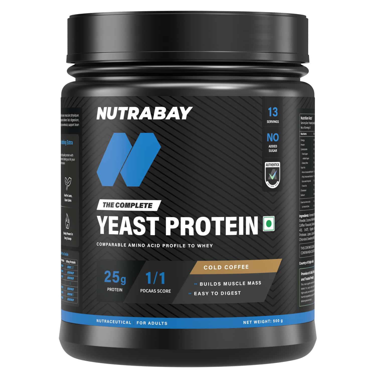 Nutrabay Yeast Protein Powder Cold Coffee 25g Protein & 6.7g Bcaa Per Scoop Jar 500 Gm