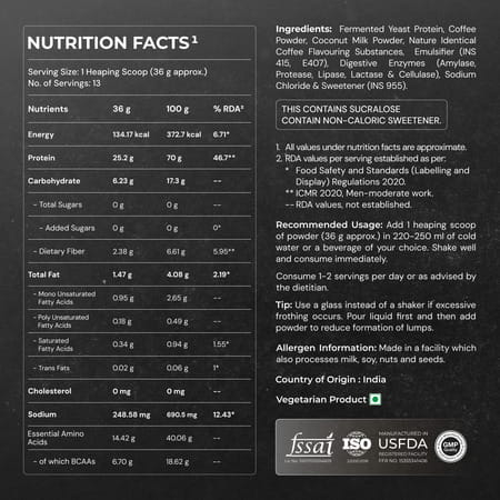 Nutrabay Yeast Protein Powder Cold Coffee 25G Protein & 6.7G Bcaa Per Scoop Jar 500 Gm