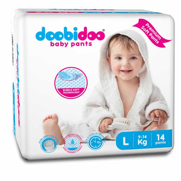Doobidoo Baby Pants - Large Size Diapers (14 Count) -With Anti Leak Side Cuffs (9-14 Kgs)