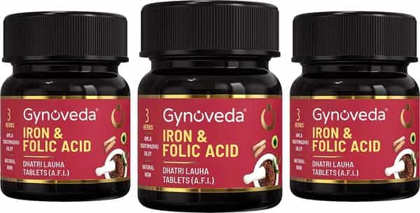 Gynoveda 14+ Iron Folic Acid Ayurvedic Blood Builder For Hemoglobin In Periods. 3 Bottle 180 Tablet