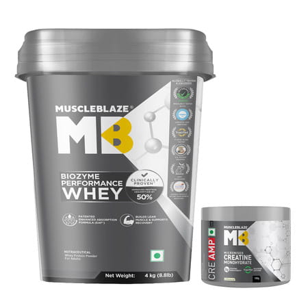 Muscleblaze Biozyme Performance Whey Protein | Blue Tokai Coffee | 4Kg & Creatine Monohydrate | 100G
