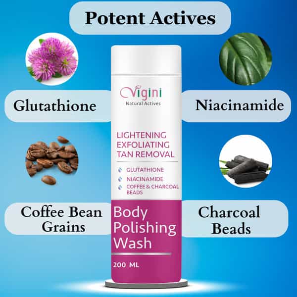 Vigini Skin Whitening Lightening Exfoliating Glow Glutathione Body Dtan Polishing Gel Wash 200Ml