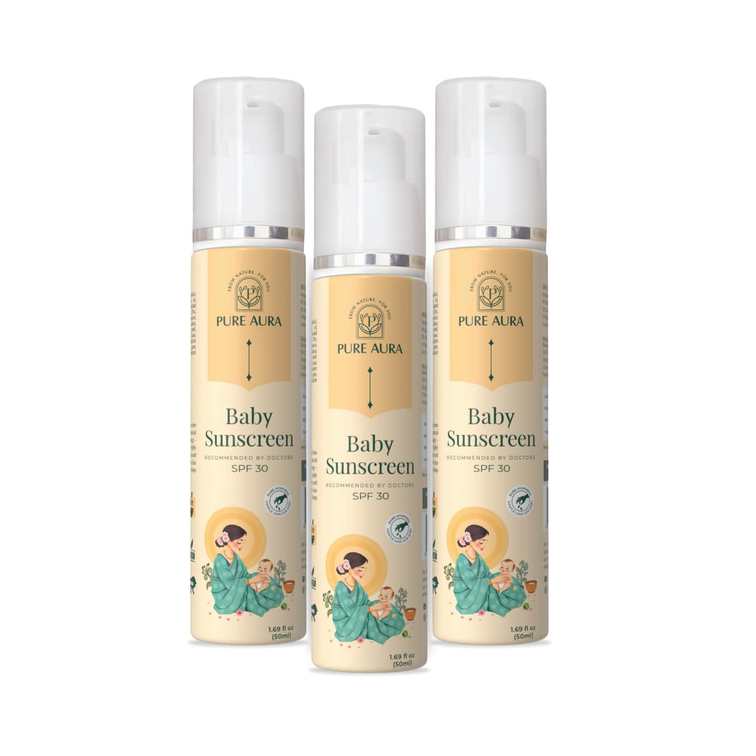 Pure Aura Baby Sunscreen | Spf 30 Kids Sunscreen | 100% Mineral & Ayurvedic 6m - 8y 50 G Pack Of 3