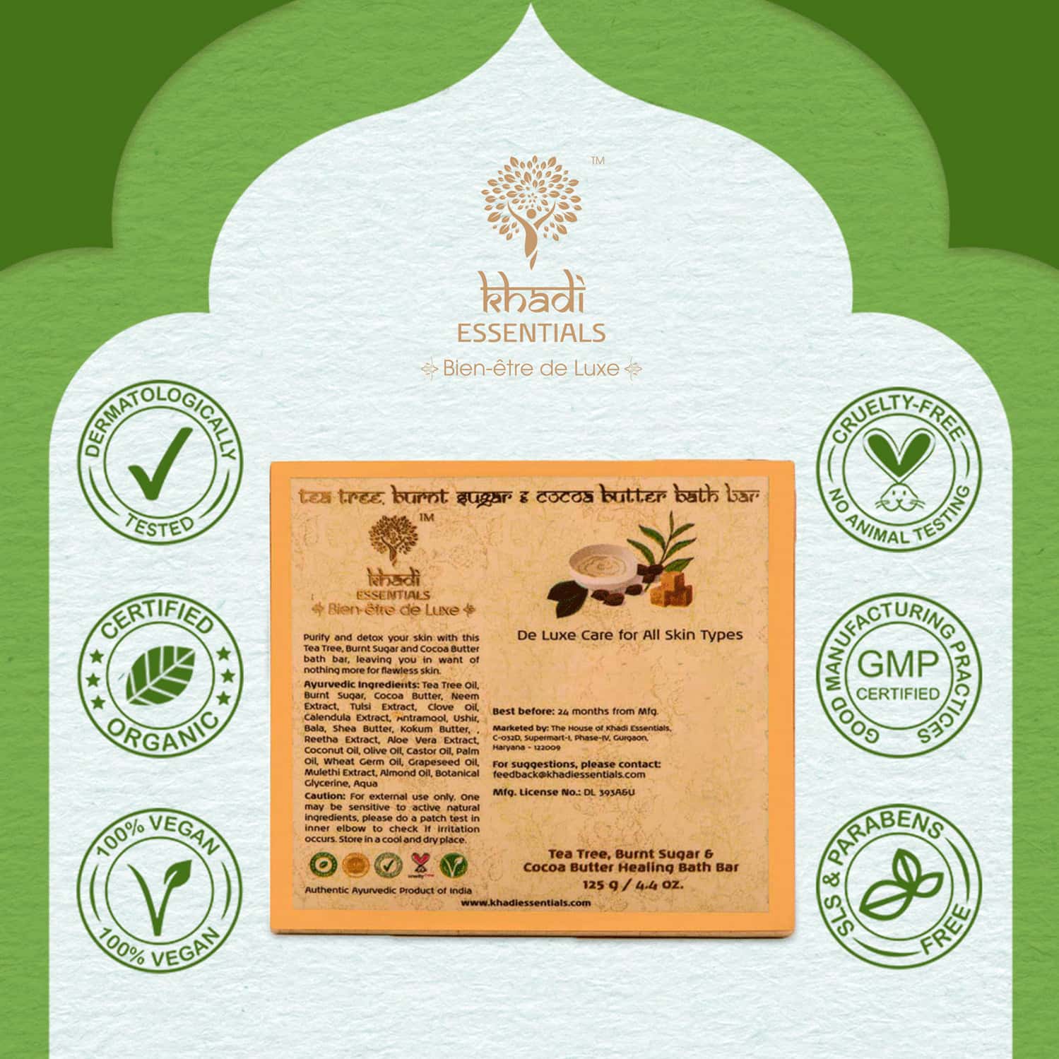 Buy KHADI ESSENTIALS TEA TREE ESSENTIAL OIL SOAP WITH NEEM TULSI