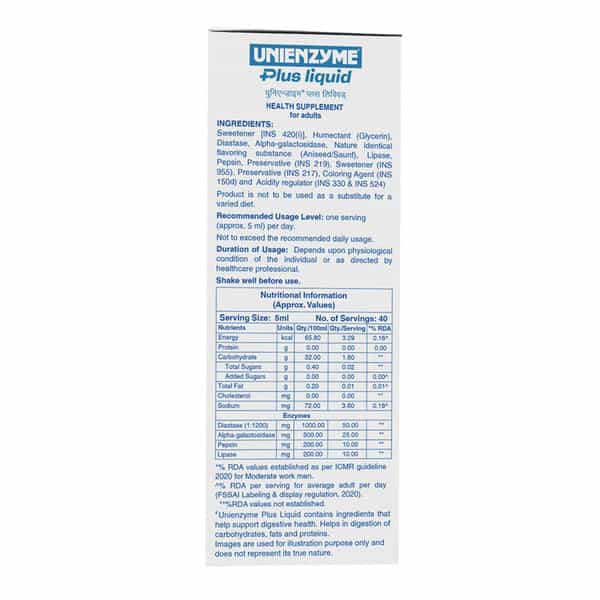 Unienzyme Plus Saunf Flavour Sugar Free Bottle Of 200Ml Oral Liquid