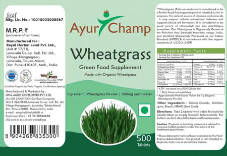 Ayur Champ - Pack Of 2 -Wheatgrass Tablet Green Food Supplement 500mg - 500 Tablet