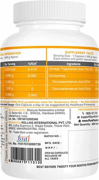 Purefoods - Omega-3 Fish Oil With 560Mg Epa & 400Mg Dha (60 Capsules)