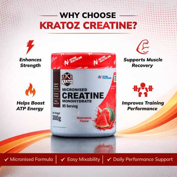 Kratoz Creatine Powder | Micronized Creatine Mono Hydrate (85 Servings) | Watermelon - 300G