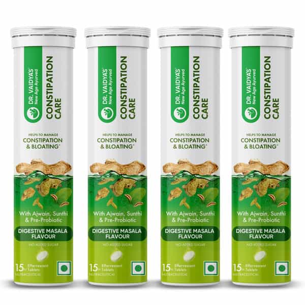 Dr. Vaidya's Constipation Care Effervescent Tablets | Digestive Masala Flavour | 15N (Pack Of 4)